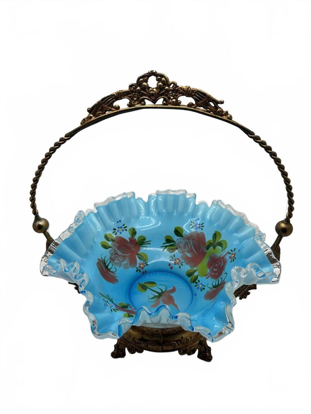 Gorgeous Victorian Hand Painted Bride’s Basket with Gold Painted Stand